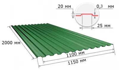 Профнастил С20 зеленый мох RAL 6005 2000х1150х0,3 мм