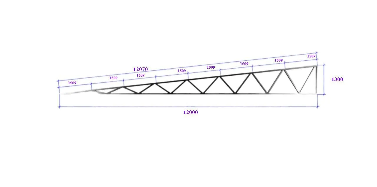 Фото Ферма односкатная 12 метров из профильной трубы, рама 100х100х4 мм, обребровка 100х50х3 мм 