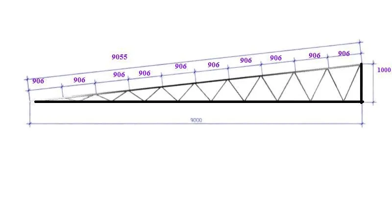 Фото Ферма односкатная 9 метров из профильной трубы, рама 100х100х3 мм, обребровка 100х50х3 мм 