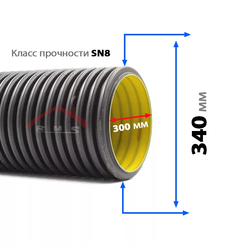 Гофрированная полиэтиленовая труба (с уплотнителями) SN8 Ф 340 / 300 мм (6 м)