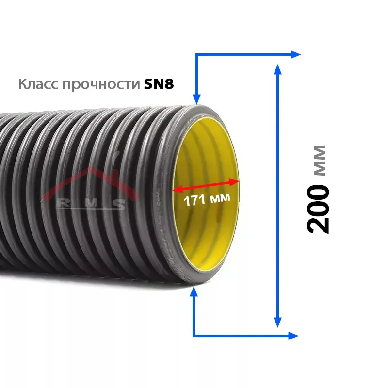 Гофрированная полиетиленовая труба (с уплотнителями) SN8 Ф 200 / 171 мм (6 м)
