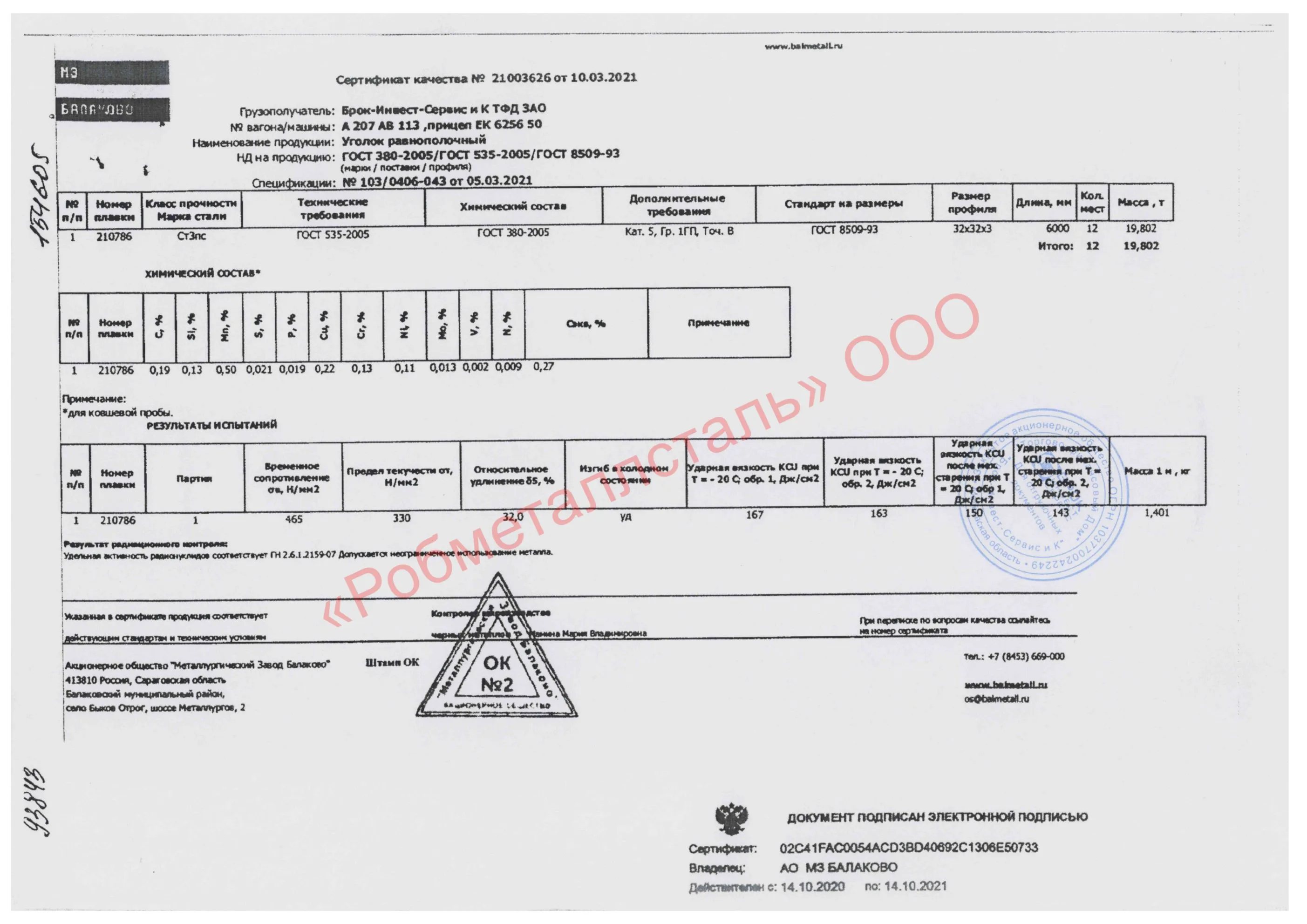 Сертификат на Уголок 32x32x3 мм