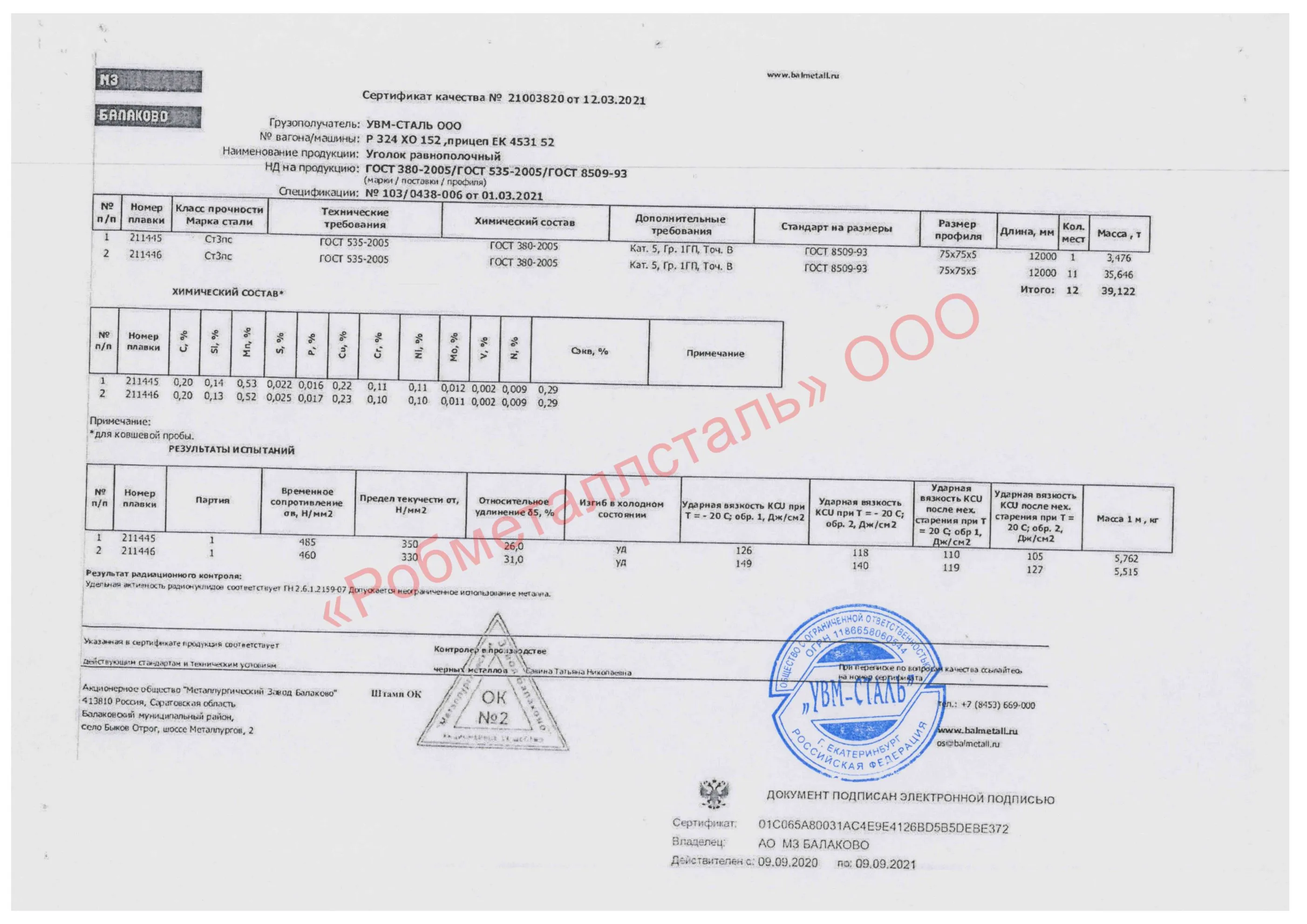 Сертификат на Уголок 75x75x5 мм