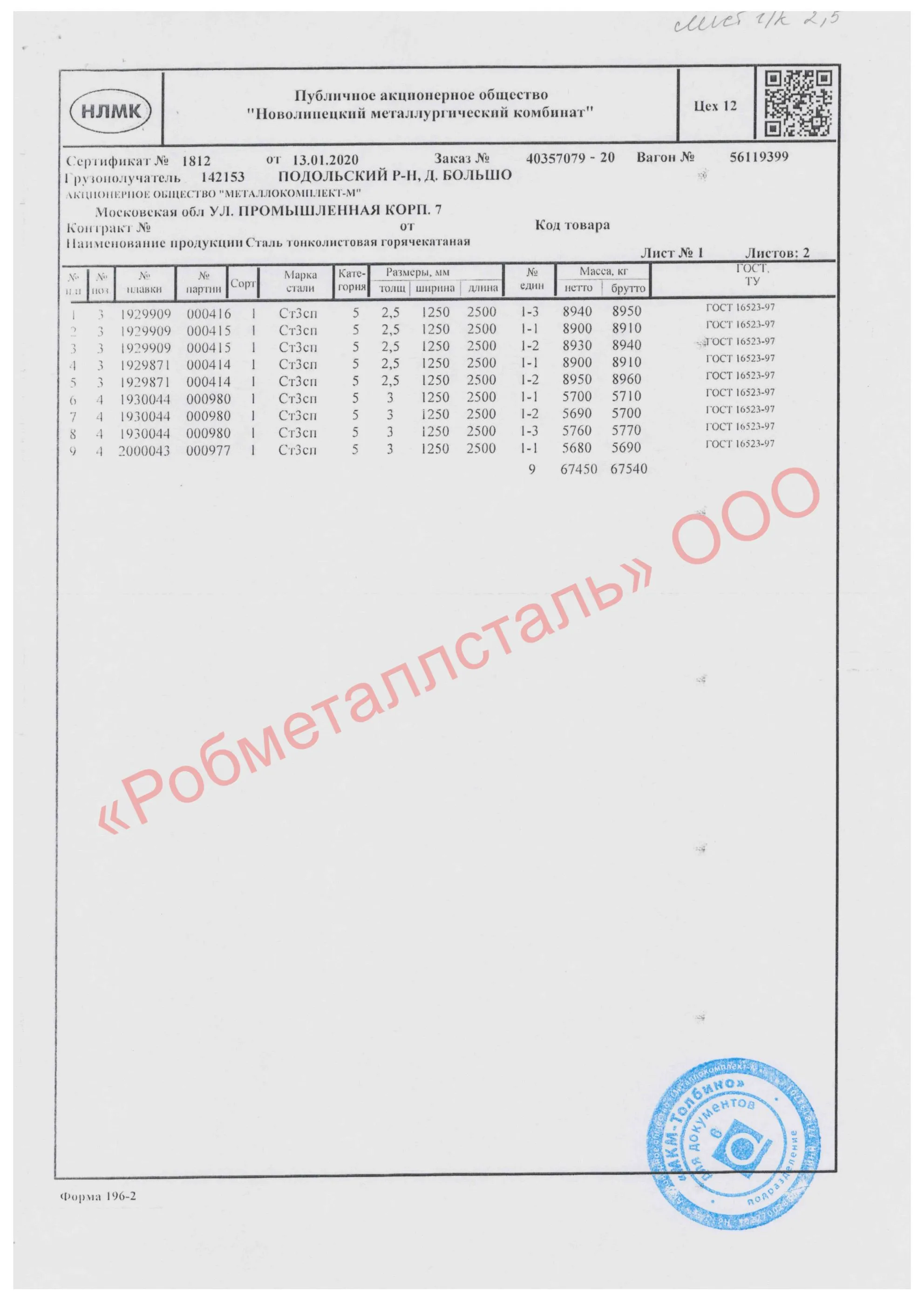 Сертификат на Лист стальной  г/к 1250х2500х3 мм