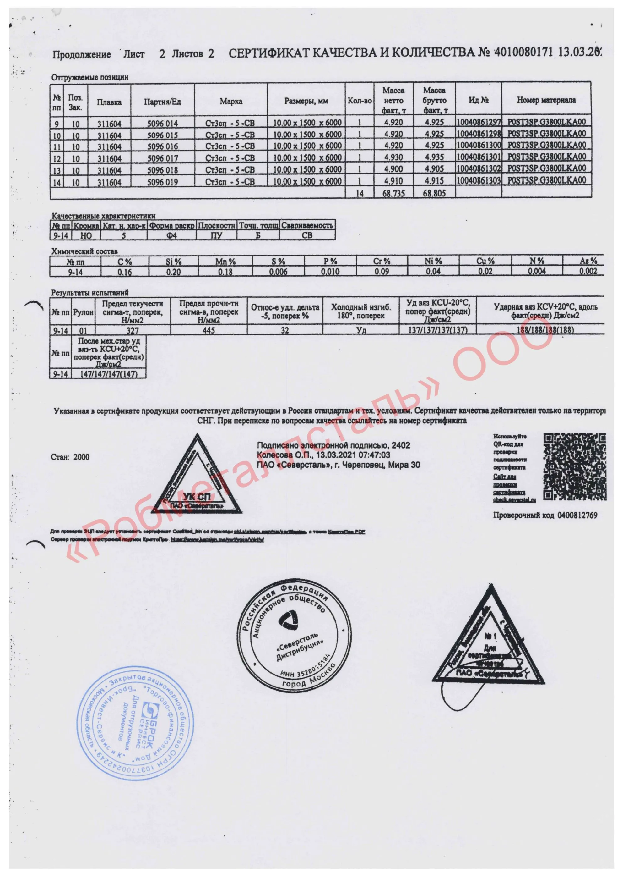 Сертификат на Лист стальной г/к 1500x6000х10 мм
