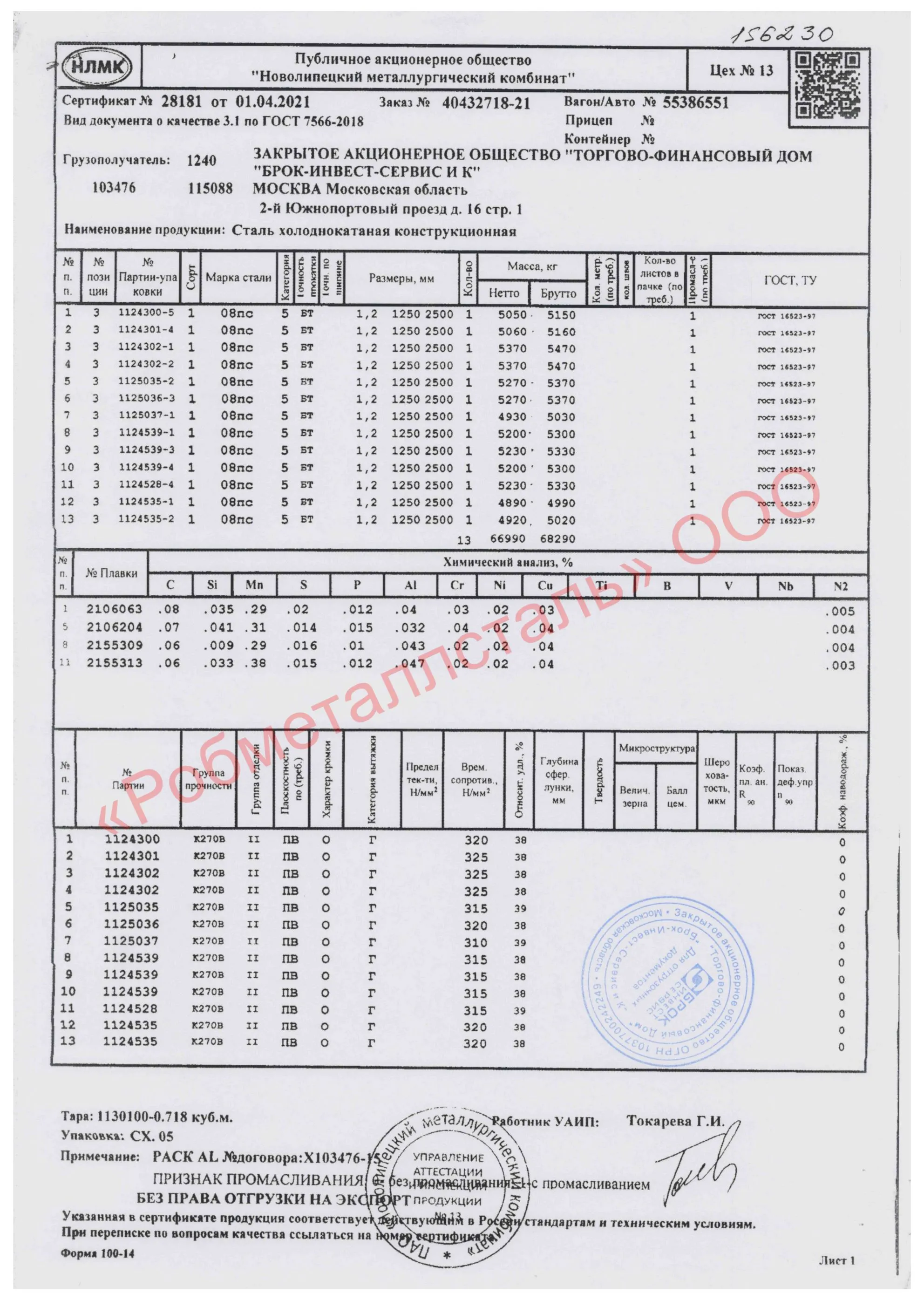 Сертификат на Лист стальной х/к 1250х2500х1,2 мм