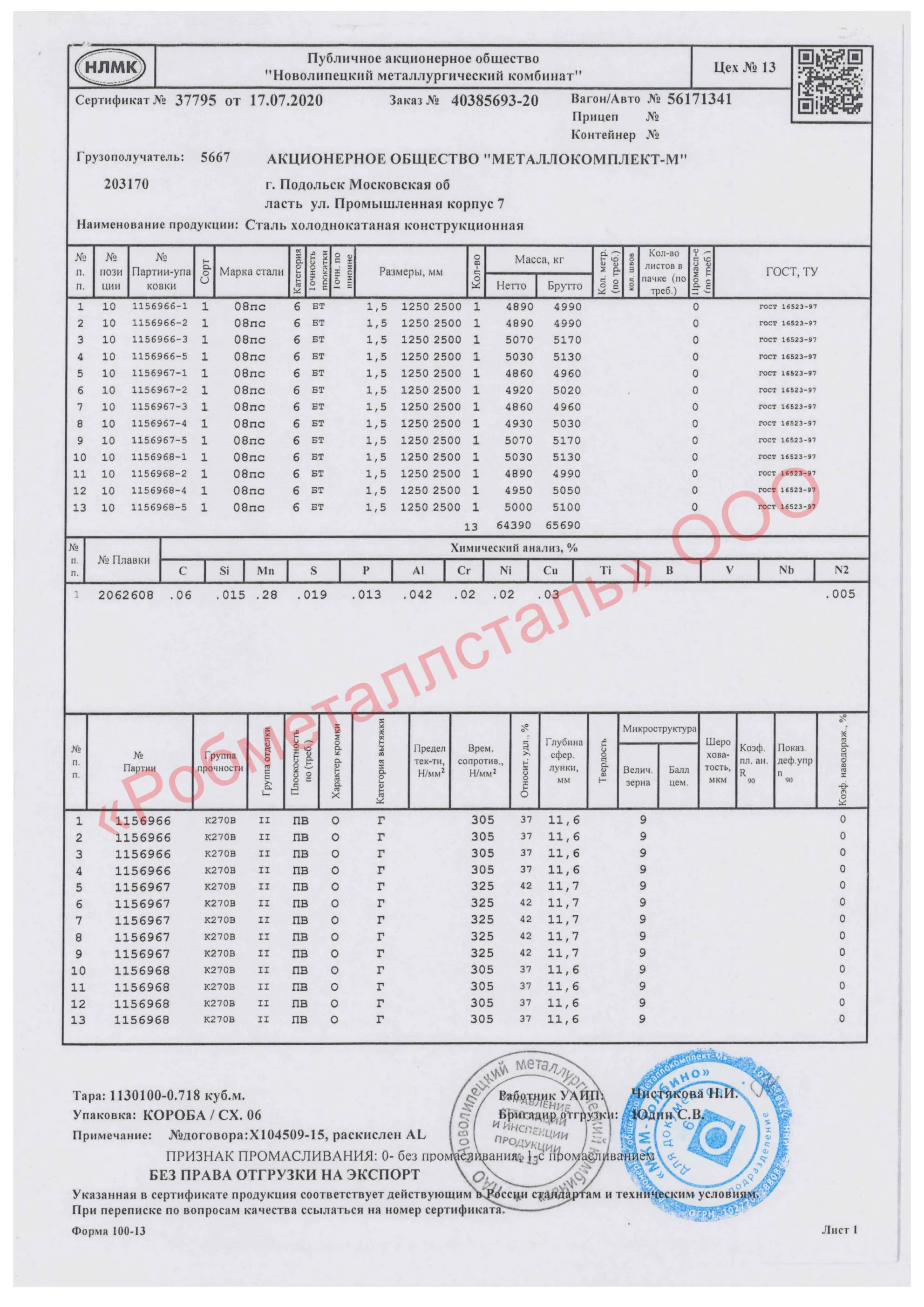 Сертификат на Лист стальной х/к 1250х2500х1,5 мм