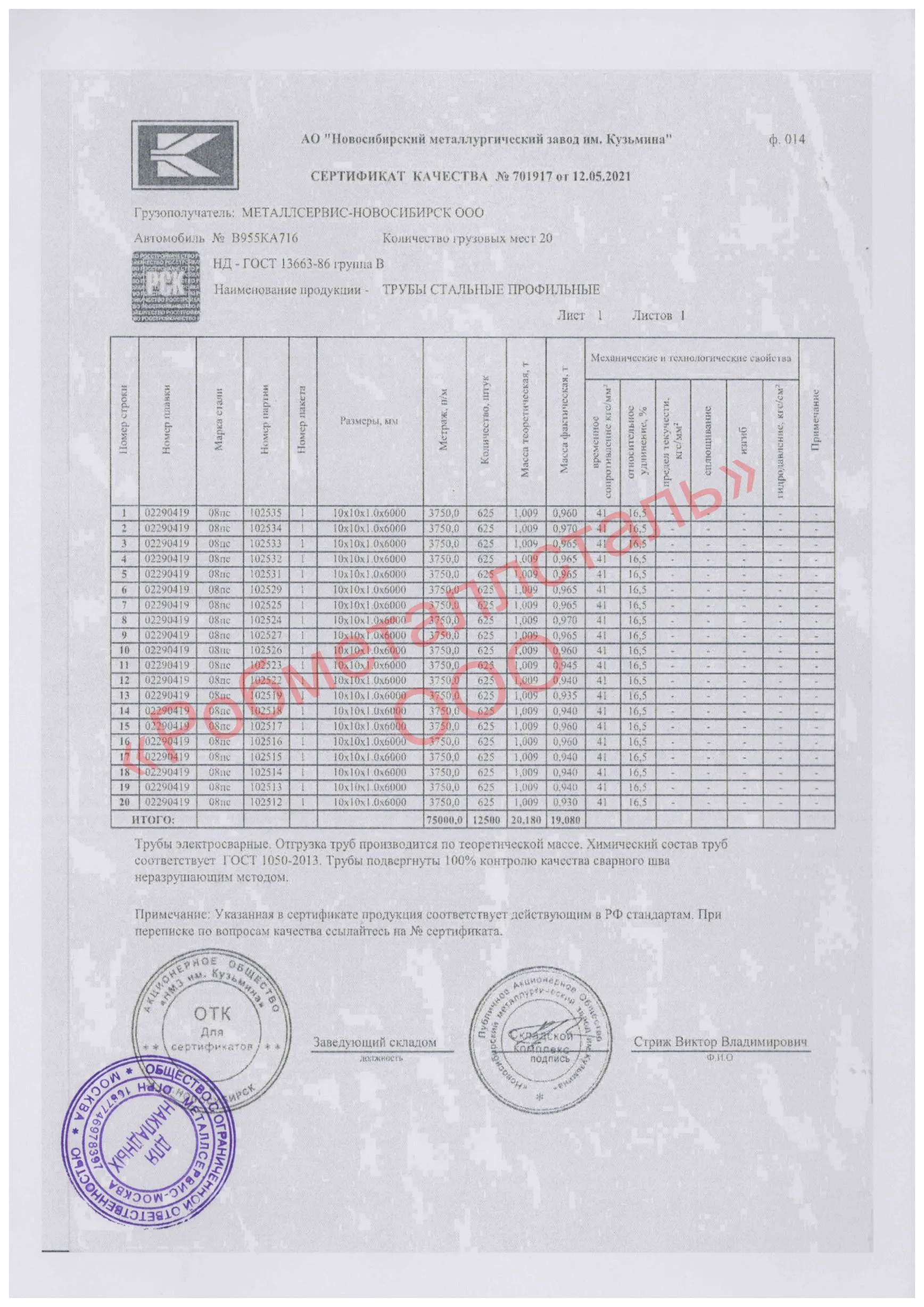 Сертификат на Труба профильная 10x10х1 мм