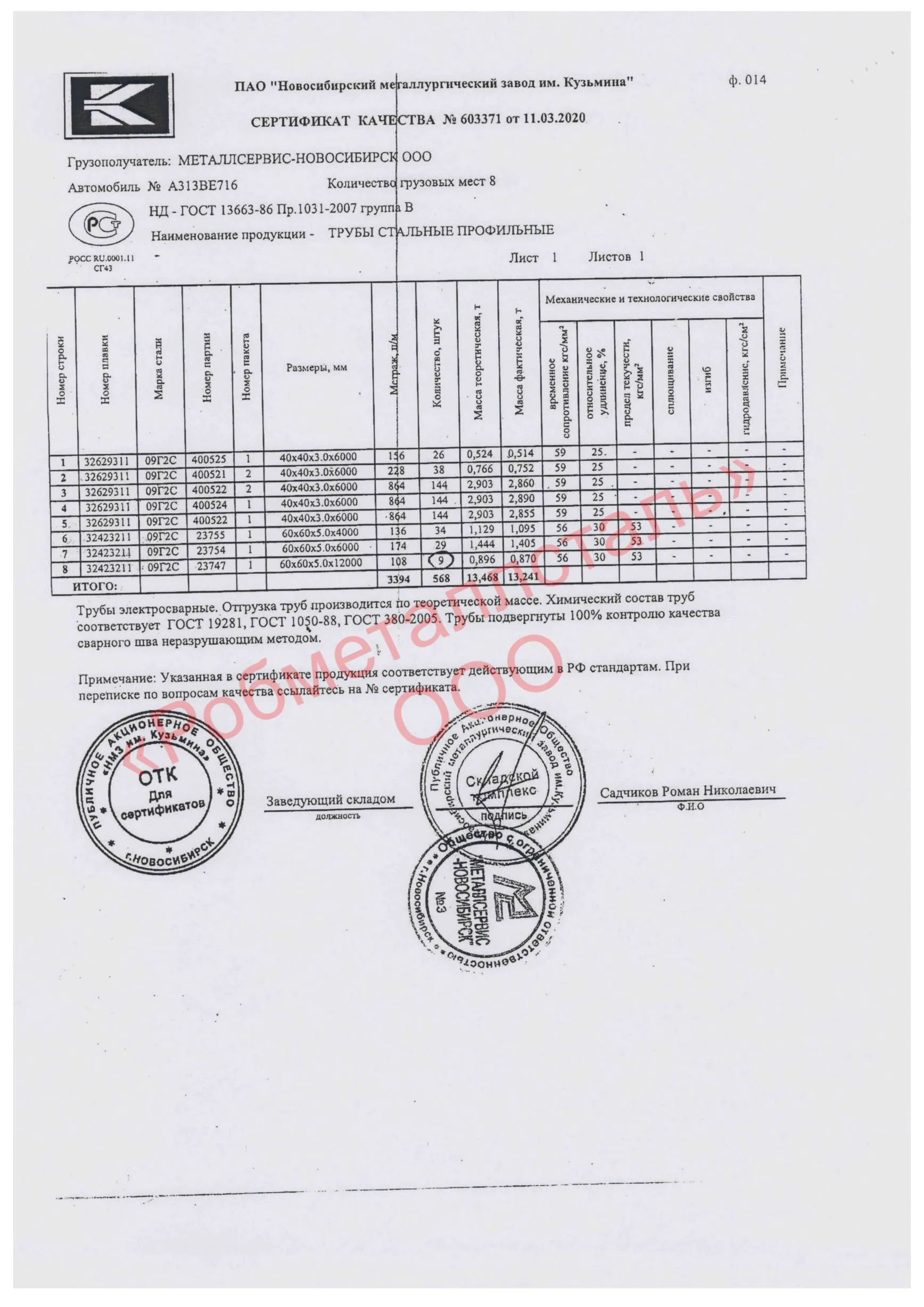 Сертификат на Труба профильная 40x40х3 мм