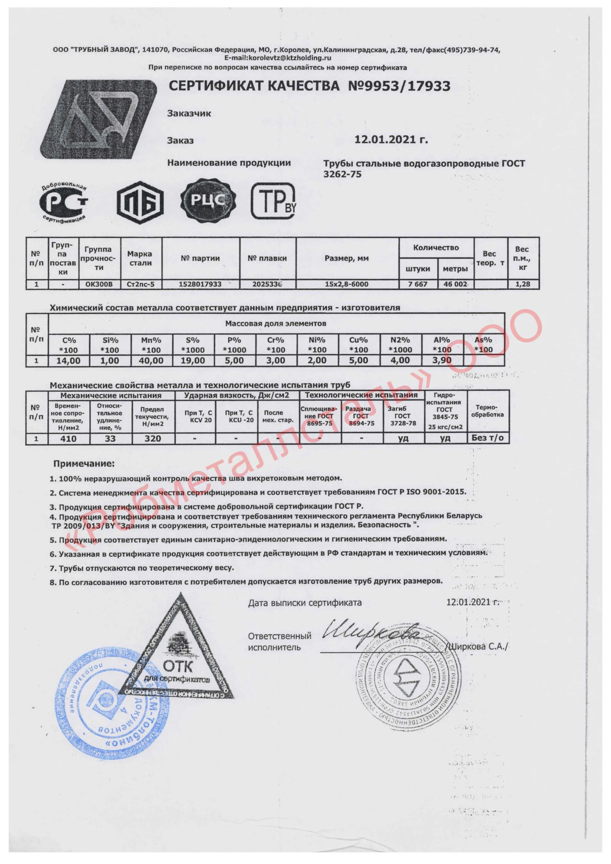 Сертификат на Труба электросварная 15х2,8 мм