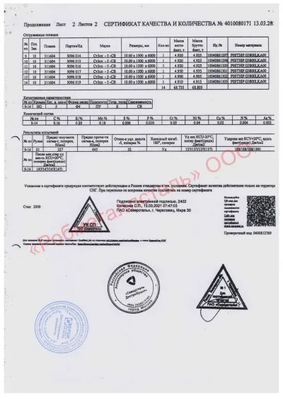 Сертификат Сертификат на Лист стальной г/к 1500x6000х10 мм
