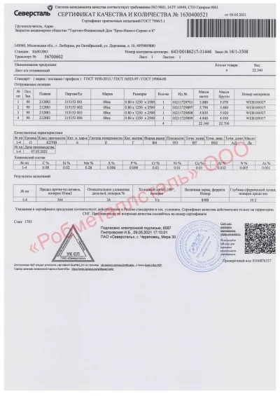 Сертификат Сертификат на Лист стальной х/к 1250х2500х0,8 мм