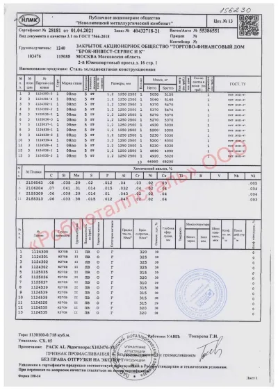 Сертификат Сертификат на Лист стальной х/к 1250х2500х1,2 мм