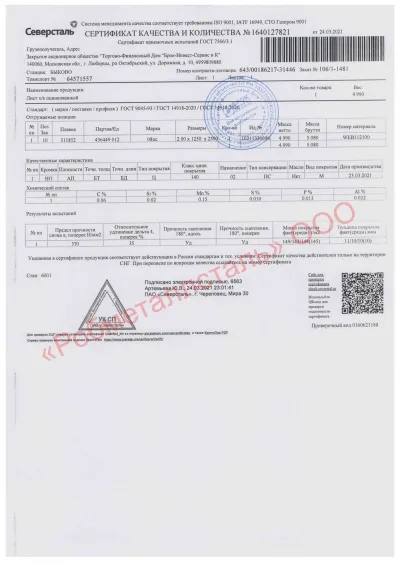 Сертификат Сертификат на Лист стальной х/к 1250х2500х2 мм