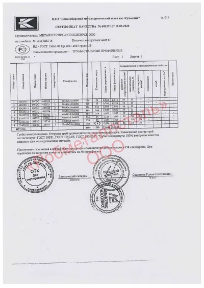 Сертификат Сертификат на Труба профильная 40x40х3 мм