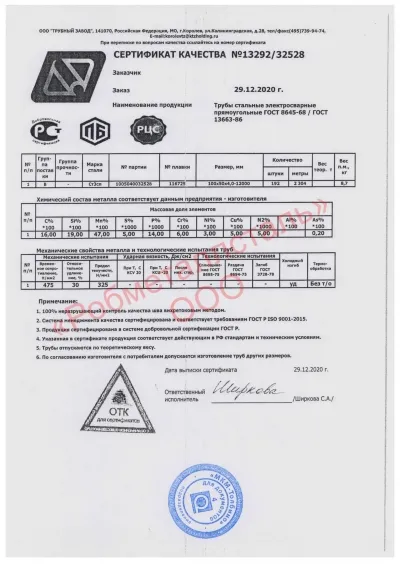 Сертификат Сертификат на Труба профильная 100x50х4 мм